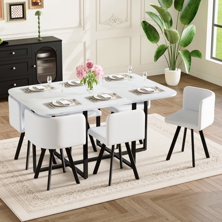 FFZ 7-Piece Rectangular Dining Table Set with Faux Marble Top and 6 Leather Chairs White