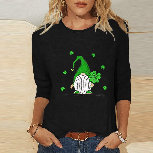 Meichang T-Shirts pour Femmes Jour de la Saint-Patrick Manches 3/4 Hauts Trèfle Chanceux T-Shirts Imprimé Vert Col Rond Décontracté Vacances T-Shirts Jour de la Saint-Patrick