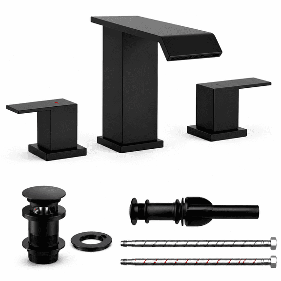ICYBER BOOM Widespread Bathroom Faucet 3 Hole, 6-12 Inch Adjustable Black with Pop Up Drain, Anti-Fingerprint & Antibacterial, Copper Valve Core