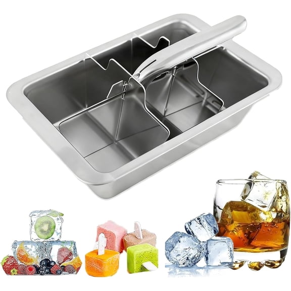 Large Stainless Steel Ice Cube Tray with Lever, 6 Big Cube Ice Mold, Dishwasher Safe Kitchen Bar Essential