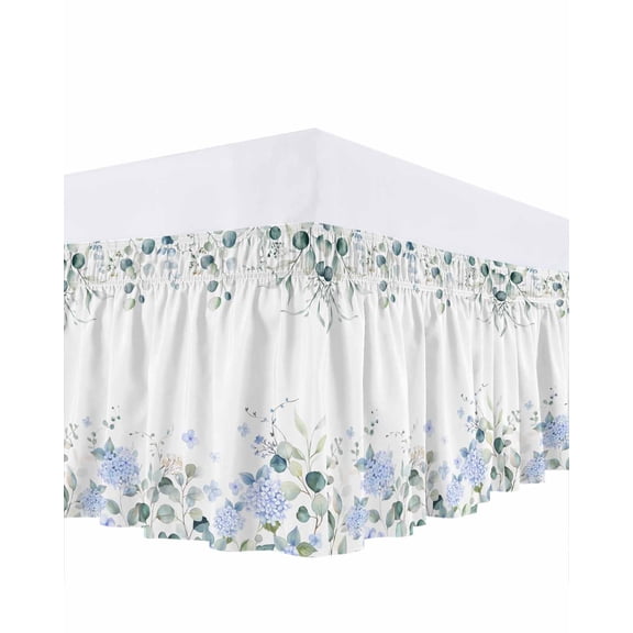 Blue Hydrangea Ruffle Bed Skirt Queen Size Country Eucalyptus Leaf Floral Adjustable Elastic Dust Bed Skirts Wrap Around Bedskirt Wrinkle Free Easy Fit with 16 Inch Drop