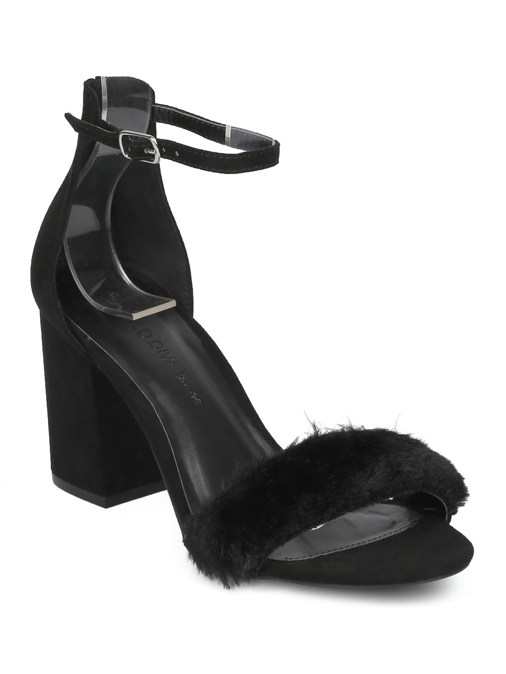 faux fur block heel sandals