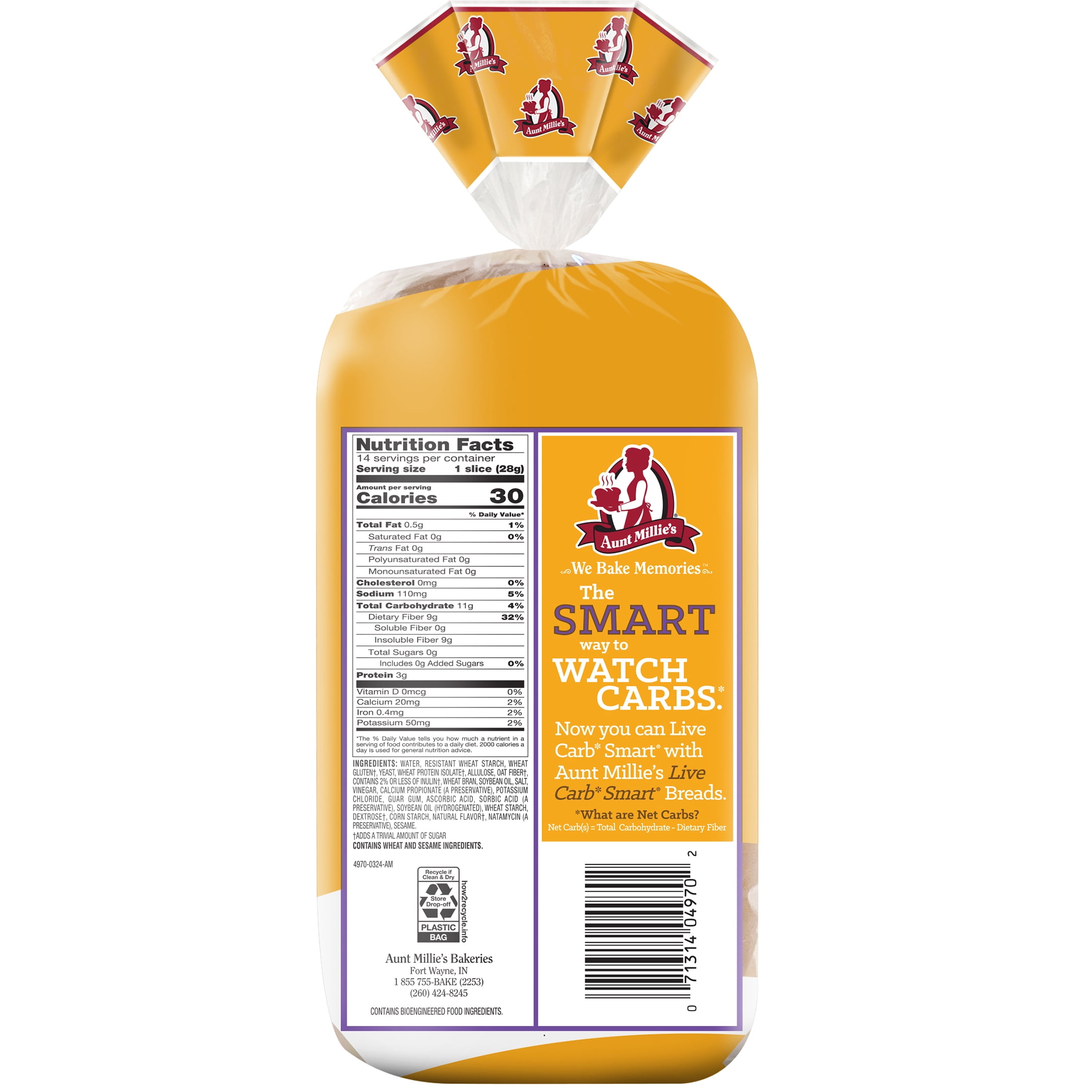 Aunt Millie's Live Carb Smart Wheat Bread Loaf, 14 oz, 14 ct