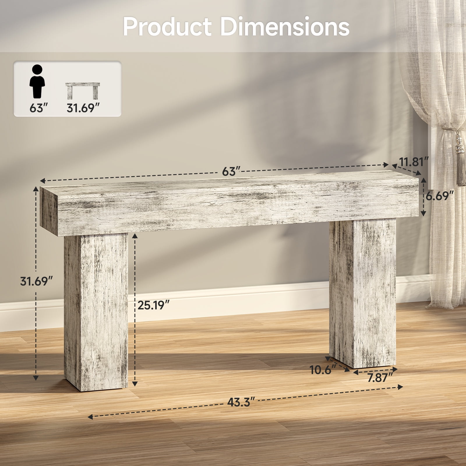 Doubleslee 63 Inch Long Entryway Table, Farmhouse Wood ConsoleTable Behind Couch, Industrial Hallway Accent Table for Living Room（Farmhouse White)