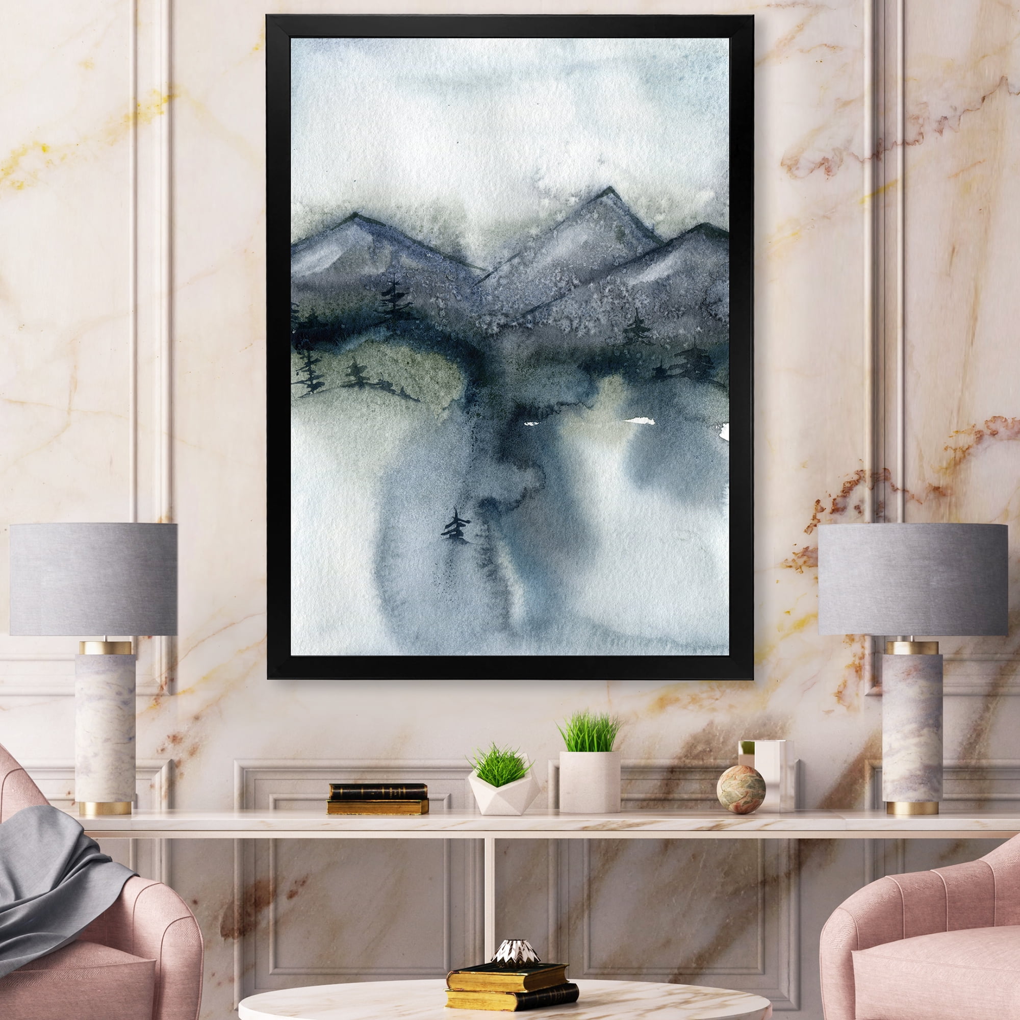 Designart 'Minimalistic Landscape of Mountains Snow and Trees' Modern Framed Art Print