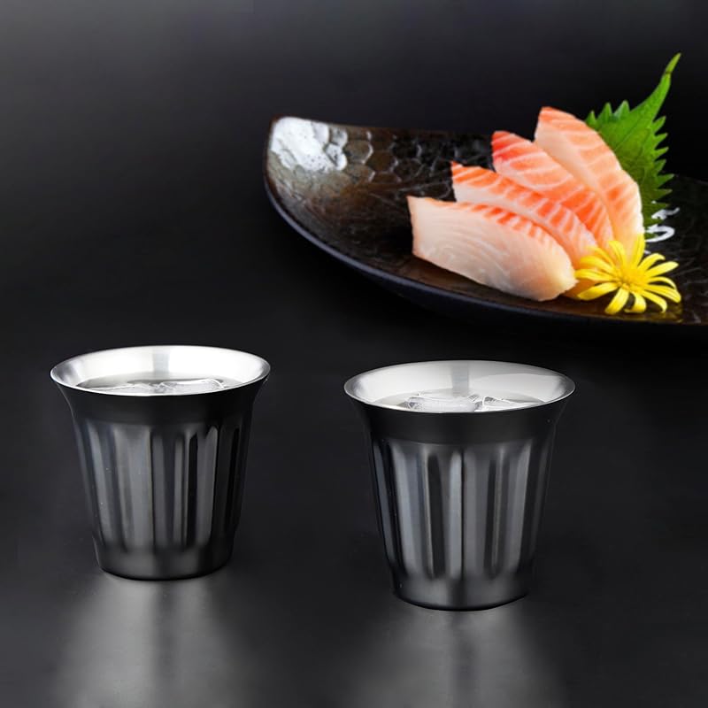 Easyworkz Stainless Steel Double-Wall Espresso Cups 5 oz Set of 2, Vertical Stripe Design, Gunmetal