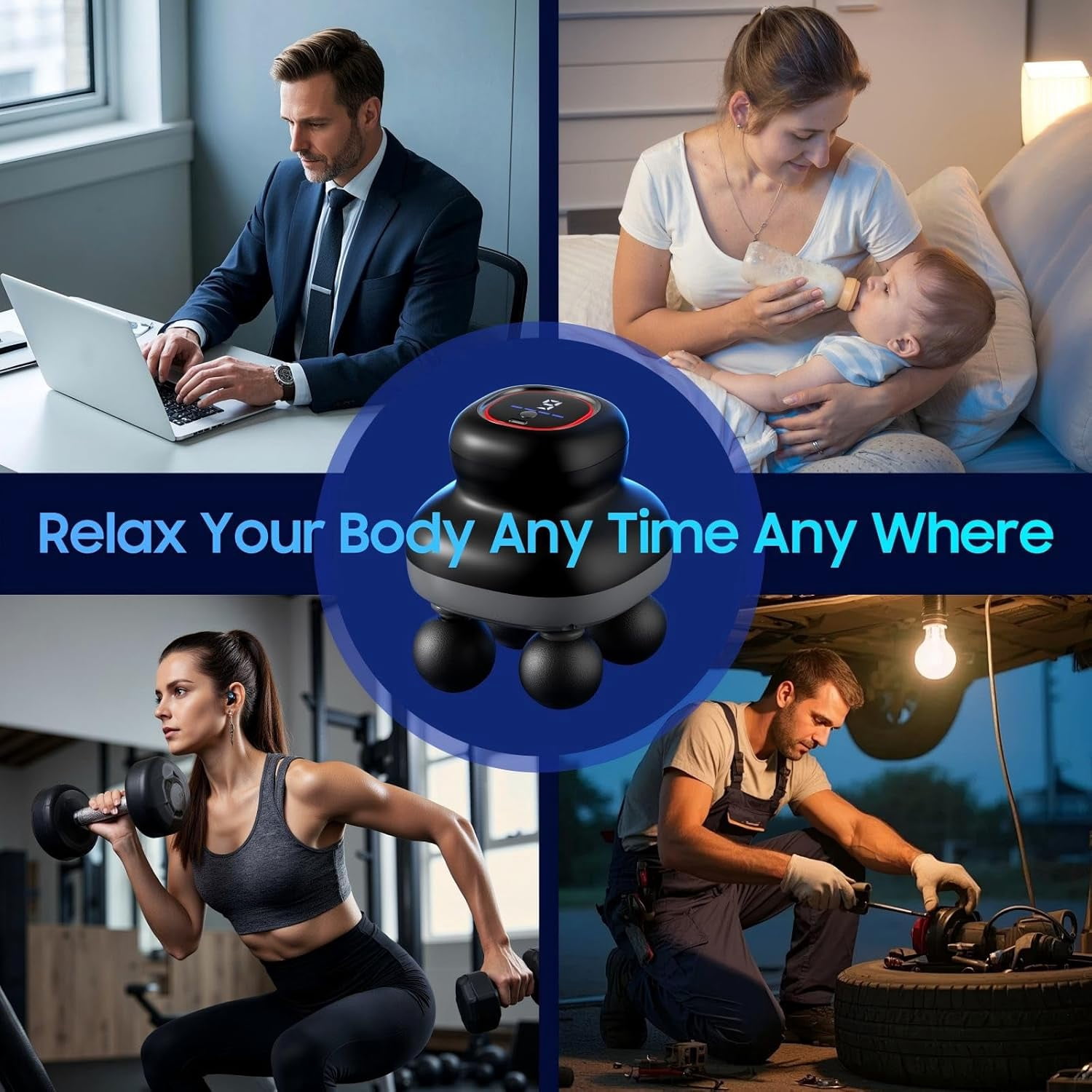 Electric Body Massager Gun with 4 Heads & Heat Compression for Deep Tissue Muscle Relief