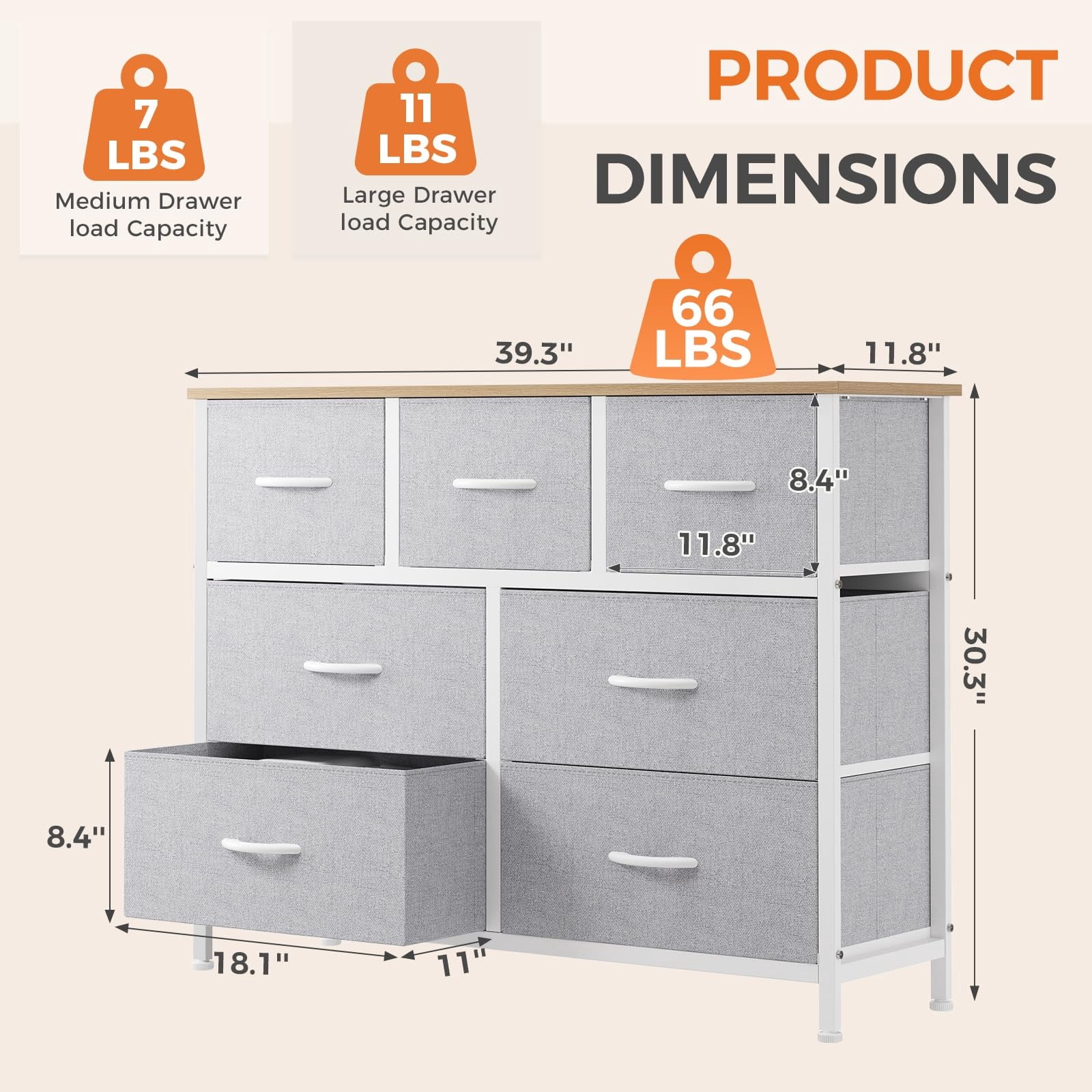 Telyra 7-Drawer Fabric Dresser TV Stand Organizer with Wood Top and Metal Frame Wide Storage Chest, Light Gray
