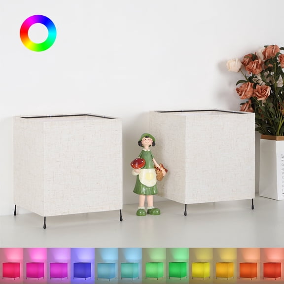 2-Pack Minimalist Square Nightstand Lamps with Remote - 12-Color RGB Linen Shade Lamps for Bedroom & Living Room