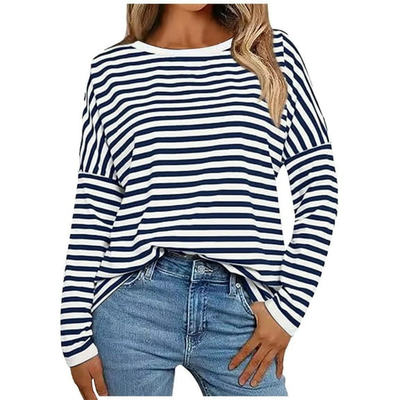 Striped Long Sleeve Shirt Women, Yigetop Women's New Round Neck Long Sleeved Loose T Shirts Female Comfortable Commute Fashion Long Sleeved Lady T Shirt Striped Shirt Women Blue L