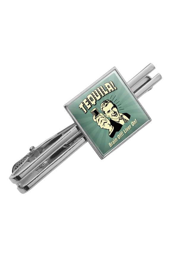Tequila Brain Off Liver On Funny Humor Retro Square Tie Bar Clip Clasp Tack- Silver or Gold