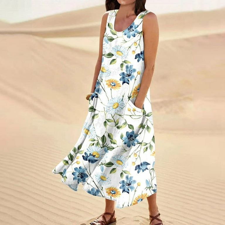 Sksloeg Sales Clearance Plus Size Dresses for Women Fashion Women Summer Vintage Flower Printed Causal V Neck Button Short Sleeve Vacation Pockets Dress Blue L Walmart