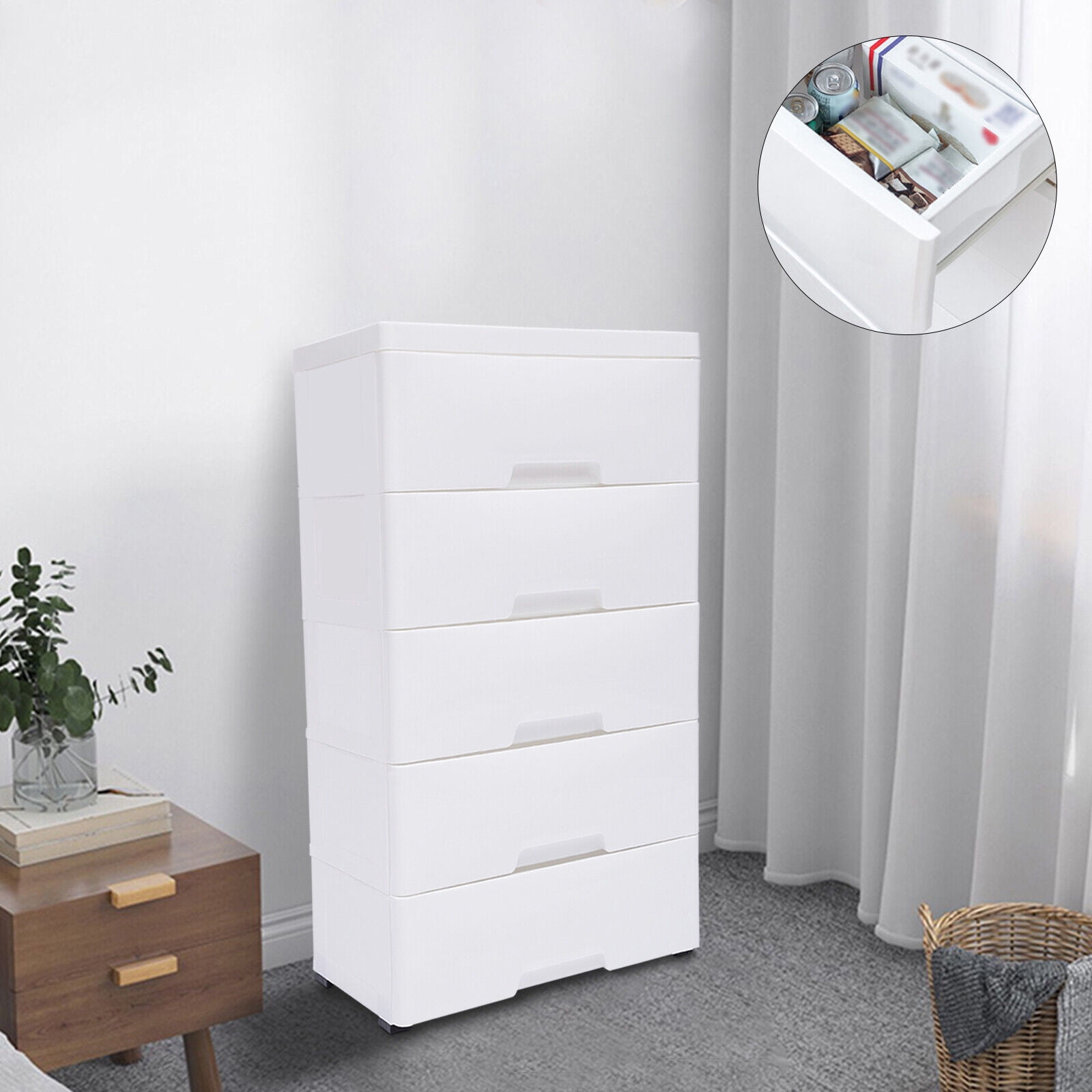 5 Layer Plastic Storage Cabinet Detachable Drawer Tower Case Clothes Organizer w/ Wheels