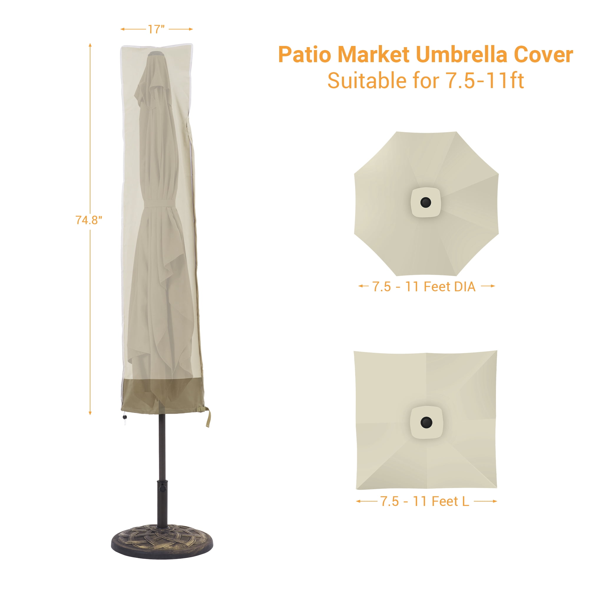 ACEGOSES Patio Market Table Umbrella Covers Zippered Waterproof Outdoor Parasol Deck Umbrella Cover, Fit for 7.5–11 Feet,Khaki&Brown