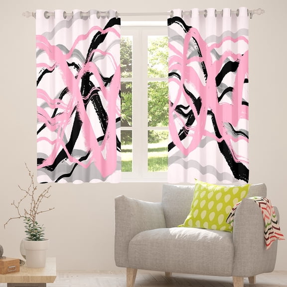 Manfei Greometric Stripe Lines Blackout Curtains,Modern Abstract Art Curtains Pack of 2 (38x45 Each),Pink Black Striped Window Curtains For Gitls Teens,Breathable Home Decor