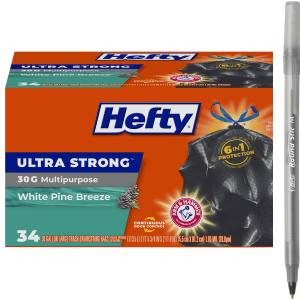 Hefty Trash Bags, Drawstring, White Pine Breeze, 30G Multipurpose, Large, 30 Gallon with pan