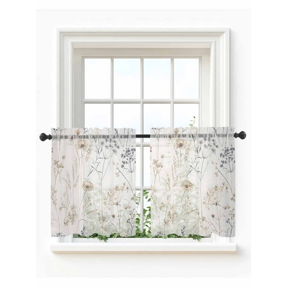 Beige Black Botanical Tier Curtains 36 Inch Length,Sheer Curtains for Bedroom Living Room Window Watercolor Floral Vintage Rod Pocket Drapes Kitchen Curtains Small Half Window 27.5"x36" 2 Panels