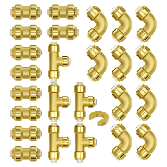 KFFKFF Pipe Accessories, 1/2" Set of 25 (10xStraight, 10xAngles, 5xJunctions) Brass Pipe Accessories, Quick-Connect Pipe Brass Air Accessories, Plumbing Adapter for Heat/Shower Systems