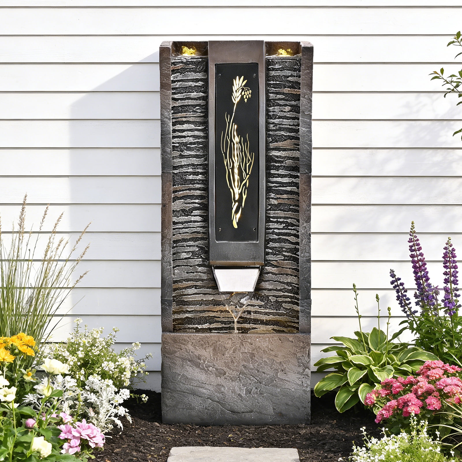 39in.Modern Outdoor Fountain ,Resin Water Feature, Indoor Outdoor Garden Waterfall Fountain