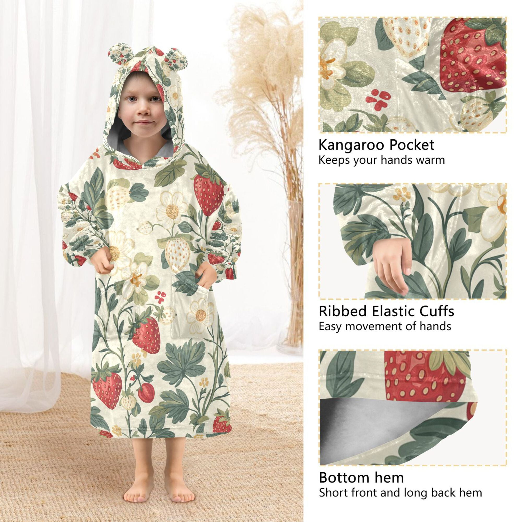 FORMRS Wearable Blanket Hoodie with Sleeves for Kids Cozy Flannel Sweatshirt, Small Strawberry Pattern