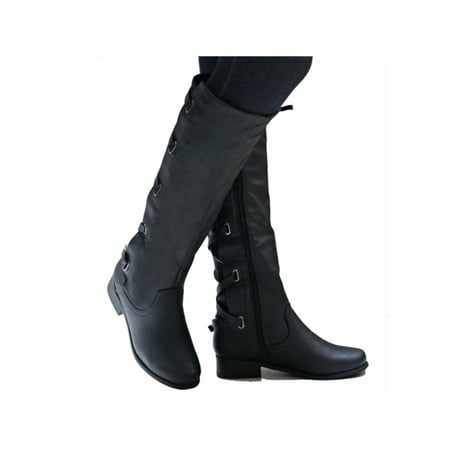 Womens Knee High Boots Lace Up Combat Faux Leather Block Heels Motorcycle
