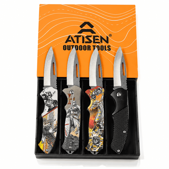 ATISEN Set of 4 Cool Men's 3D folding Knives, Stainless Steel, Suitable for Camping, Hunting and Fishing Indoor and Outdoor Activities
