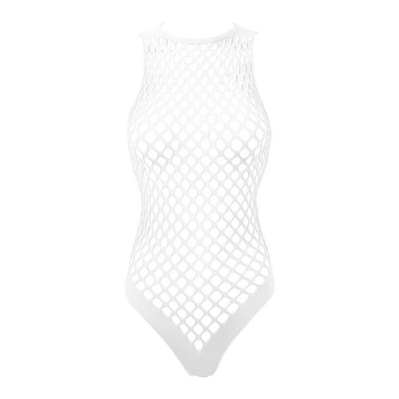 Sywiyi Women s See Through Fishnet Bodysuit Sleeveless Net Teddy Lingerie Sexy Hollow Out Leotards White One Size