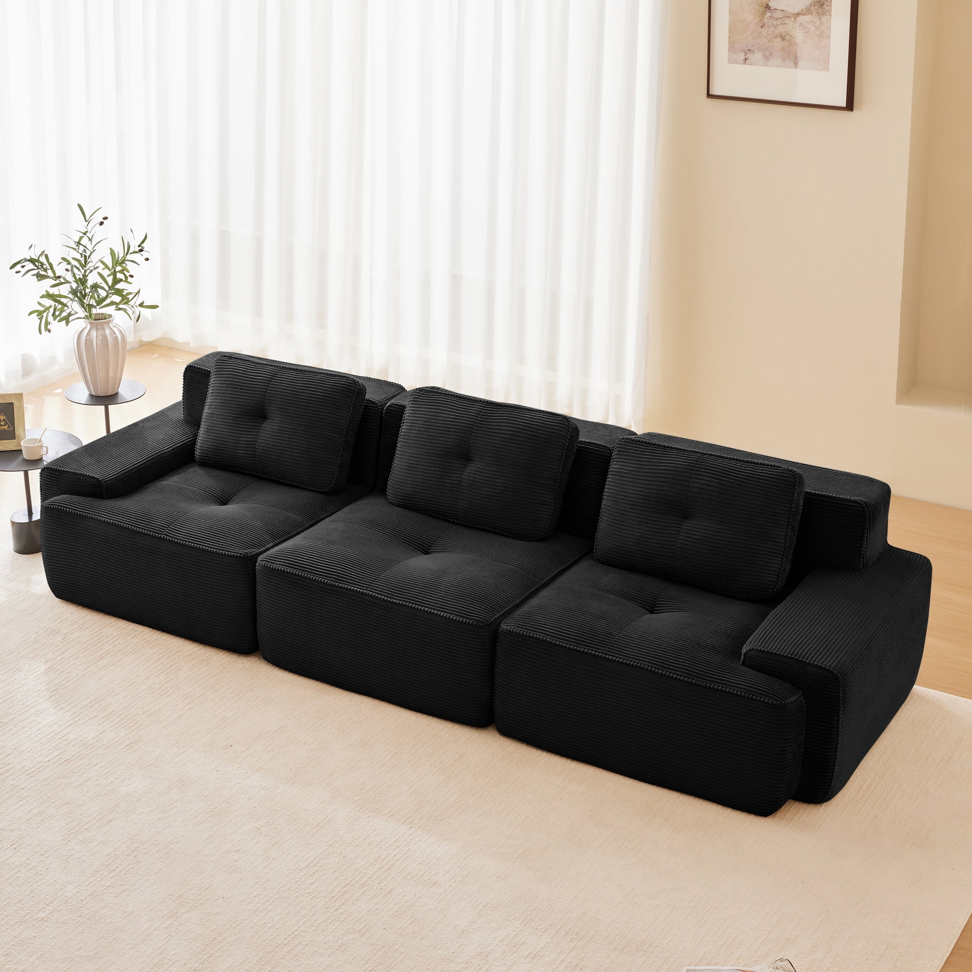 Yoneston 117" Modular Sectional Sofa 3 Seater Couch with Cushions, No Assembly Corduroy Sofa with Deep Seating for Living Room Bedroom Apartment, Black