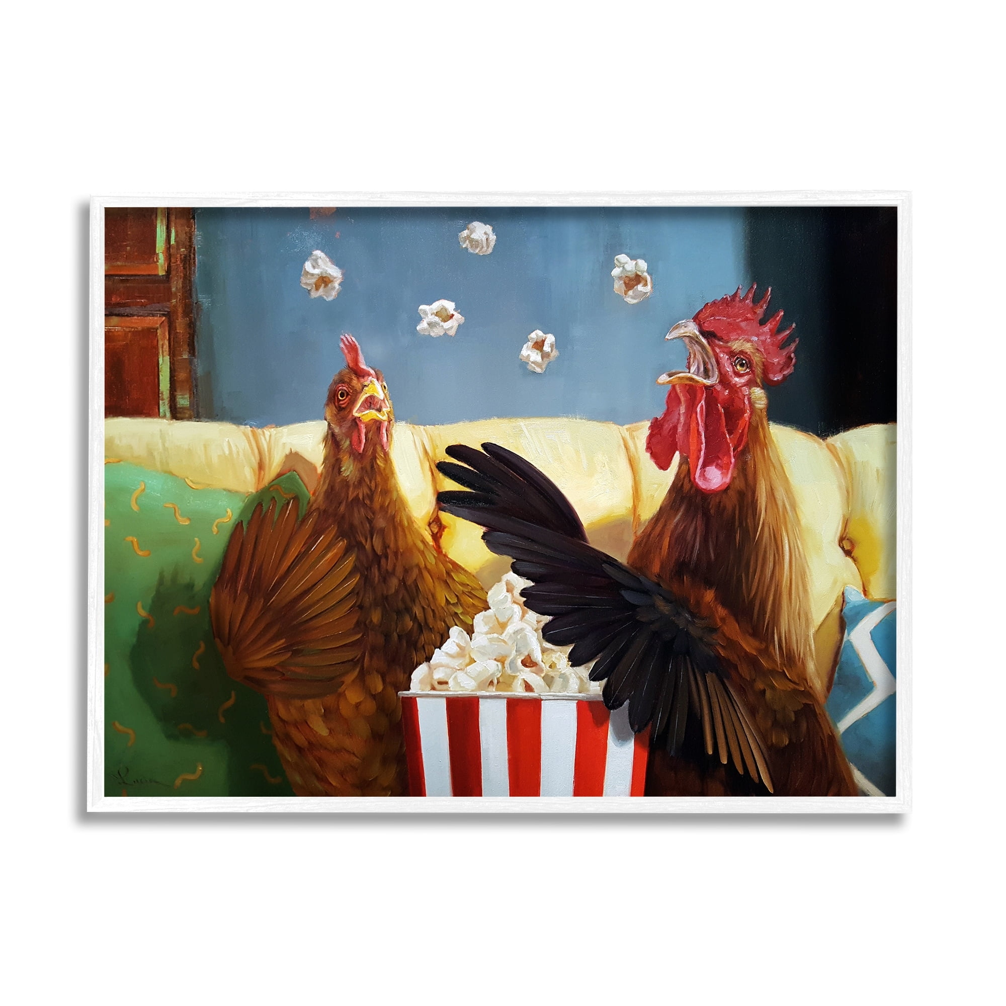 Stupell Industries Rooster Chicken Tossing Catching Popcorn Movie Night Framed Wall Art, 20 x 16, Design by Lucia Heffernan