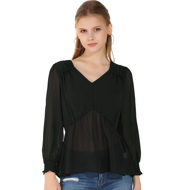 Allegra K Blusa Top Cuello En V Color Sólido Manga Larga Volantes Para Mujeres Negro L