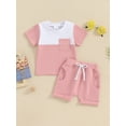 thumbnail image 2 of Biezeib Girls Contrast Color Set, Round Neck Short Sleeve Tops + Elastic Waist Folded Hem Shorts Infant Toddler 2 Piece Outfits, 2 of 9