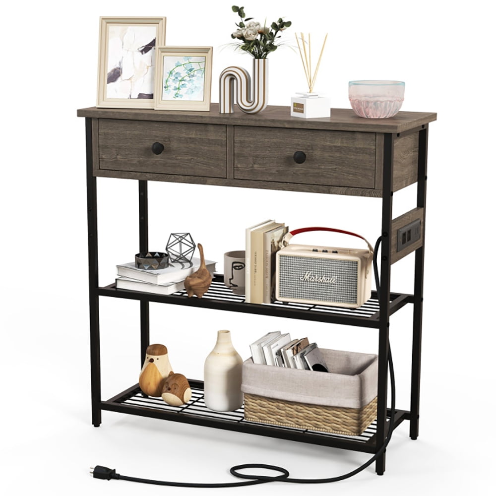 Resenkos Narrow Console Table with 2 Drawers and 2 Metal Mesh Shelves-Gray, Narrow Console Table, Entryway Hall Table with Shelves for Foyer & Entry Spaces