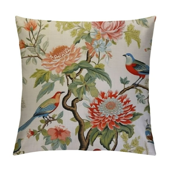 Creowell  Chinoiserie Cushion Cover Tree Peony Cover Bird Floral Pillowcase Coral Turquoise Pillow Coral Blue Pillow Decorative Pillow for Sofa Couch Living Room Housewarming Gift