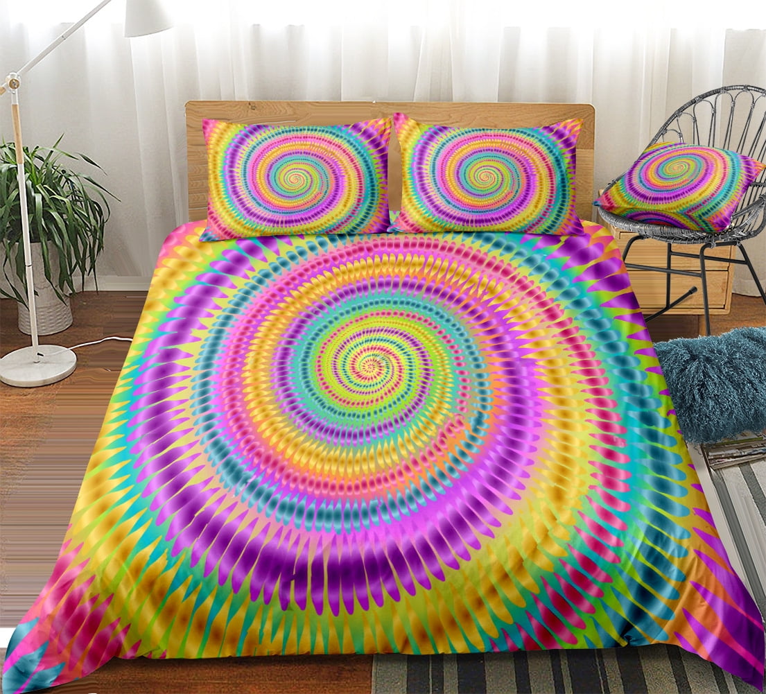 Tie Dye Comforter Cover Set Hippie Spiral Bedding Set Ethnic Boho Duvet