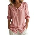 thumbnail image 2 of Siminsem Womens Casual Loose Fit Blouse Doll Collar Striped Mid Sleeve Tops Spring Summer 2026 Lightweight Trendy Dressy Work Outfits Cute Vacation Shirts, Red, L, 2 of 5