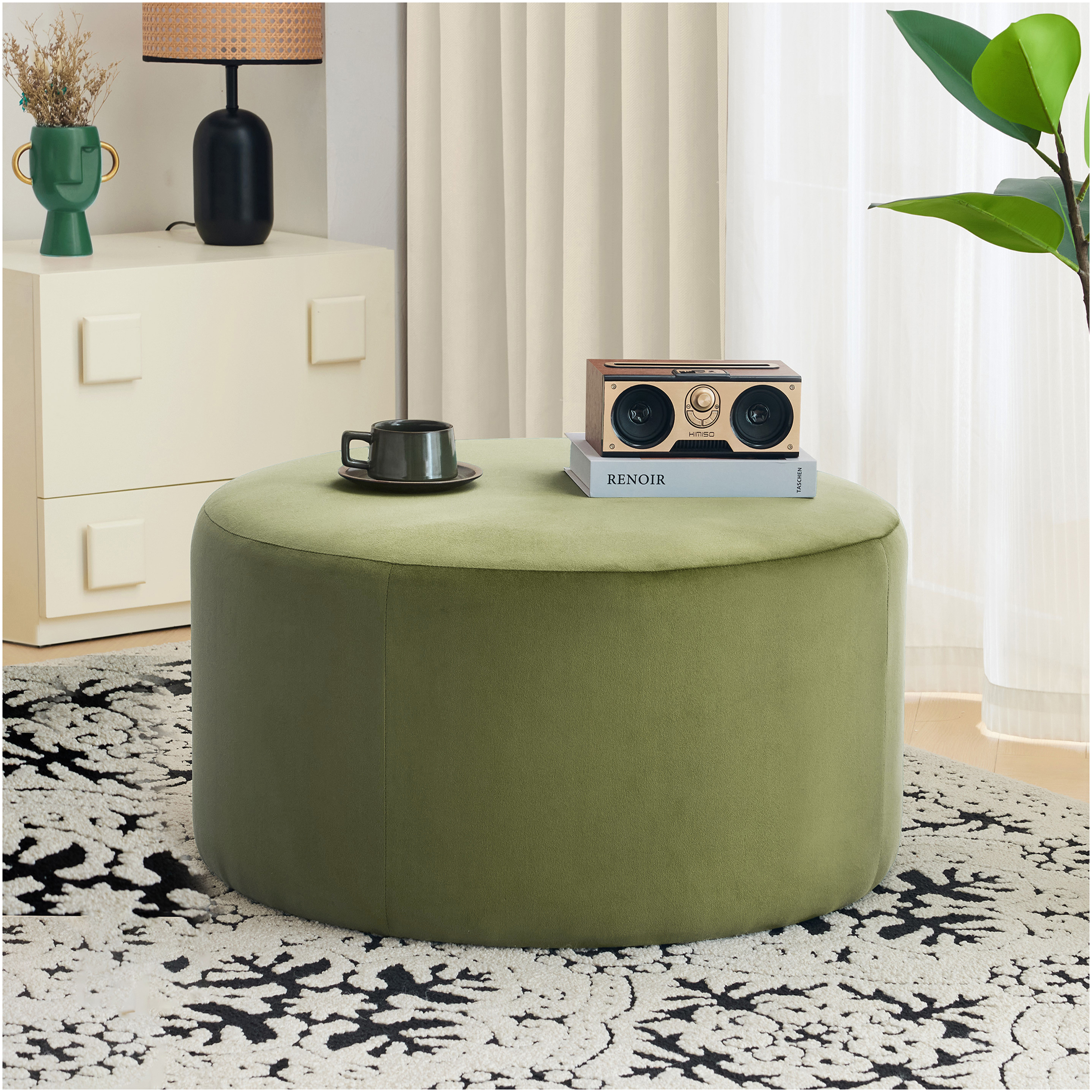 JERFIT Round Velvet Ottoman Pouf Footrest, Olive Green Velour Tufted Storage Stool for Living Room, Modern Accent Seating