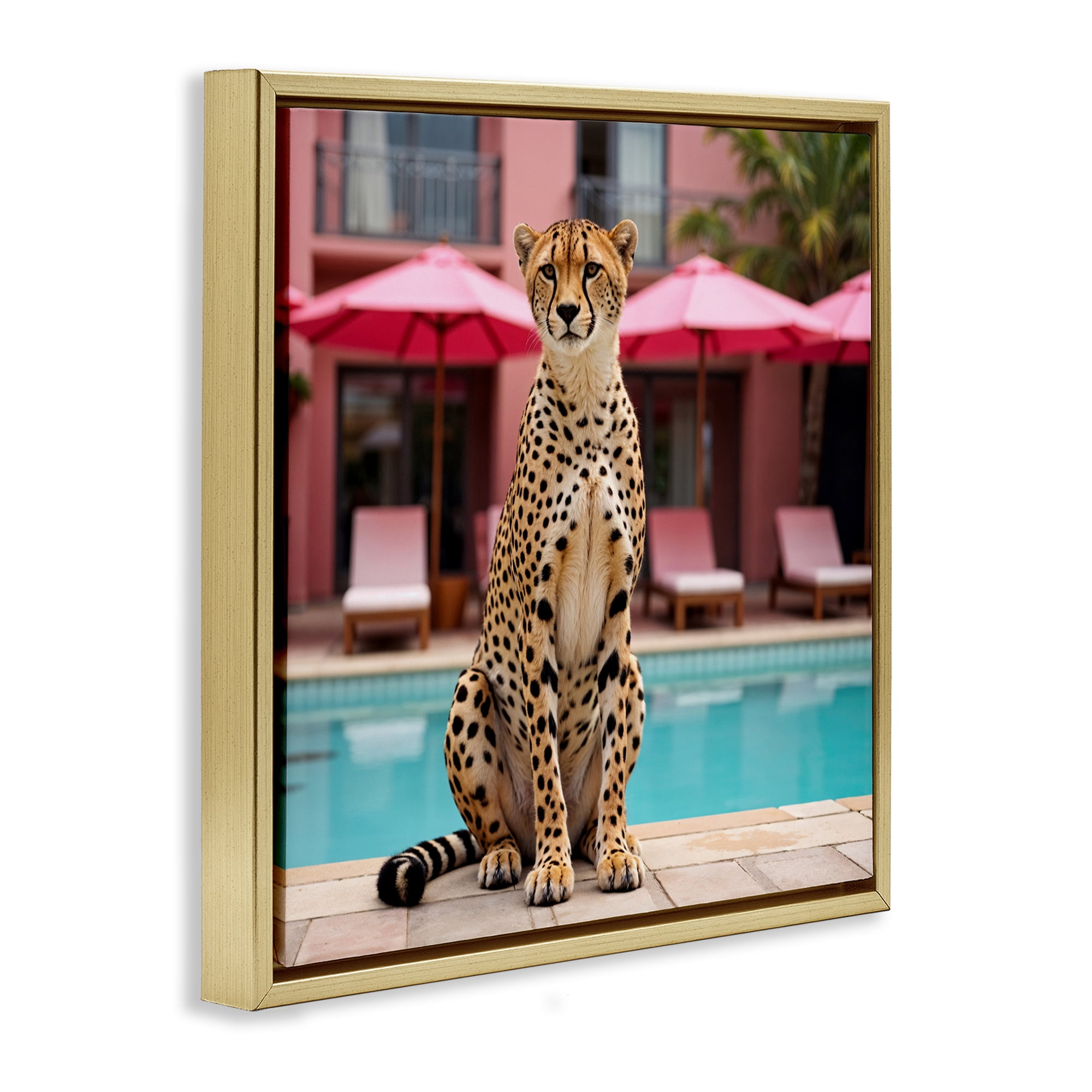 Cheetah Posed at Poolside Gold Framed Floater Canvas Wall Art, design by Lettered and Lined