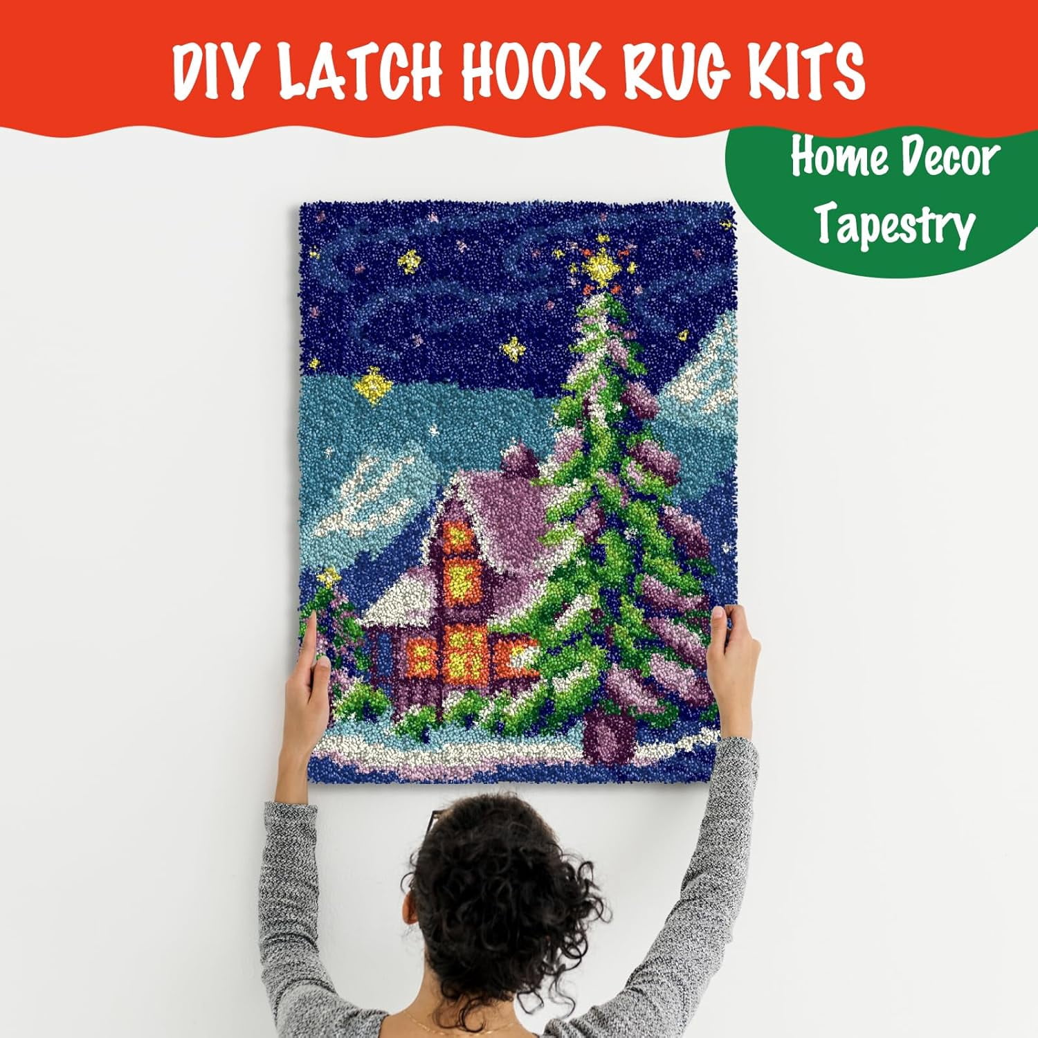 Latch Hook Kits for Kids and Adults Christmas DIY Rug Making Kit for Home Decoration Festival Gifts Crocheting Crafts Carpet,19.7 * 15.0 inches(Christmas Bells)