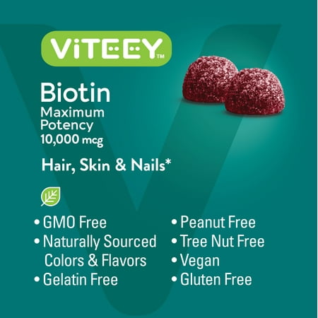 VITEEY Biotin Gummies 10,000 mcg, Hair Skin and Nails, Raspberry Flavor, 60 Count, 1 Pack