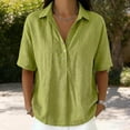 thumbnail image 4 of Miluxas Women's Cotton Linen Button Up Short Sleeve Blouse Lapel Loose Fit Work office Tunic Shirts Summer Beach Vacation Outfits Green, 4 of 5