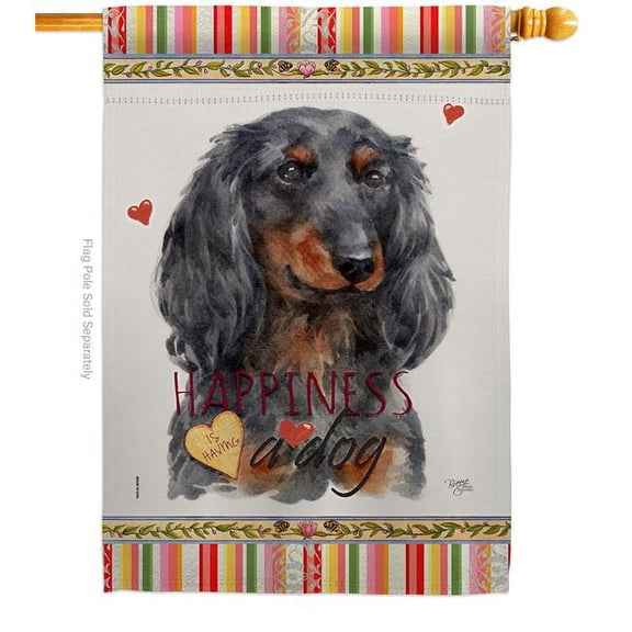 Breeze Decor H110251-BO Blue Long Hair Dachshund Happiness Animals Dog 28 x 40 in. Double-Sided Decorative Vertical House Flags for Decoration Banner Garden Yard Gift