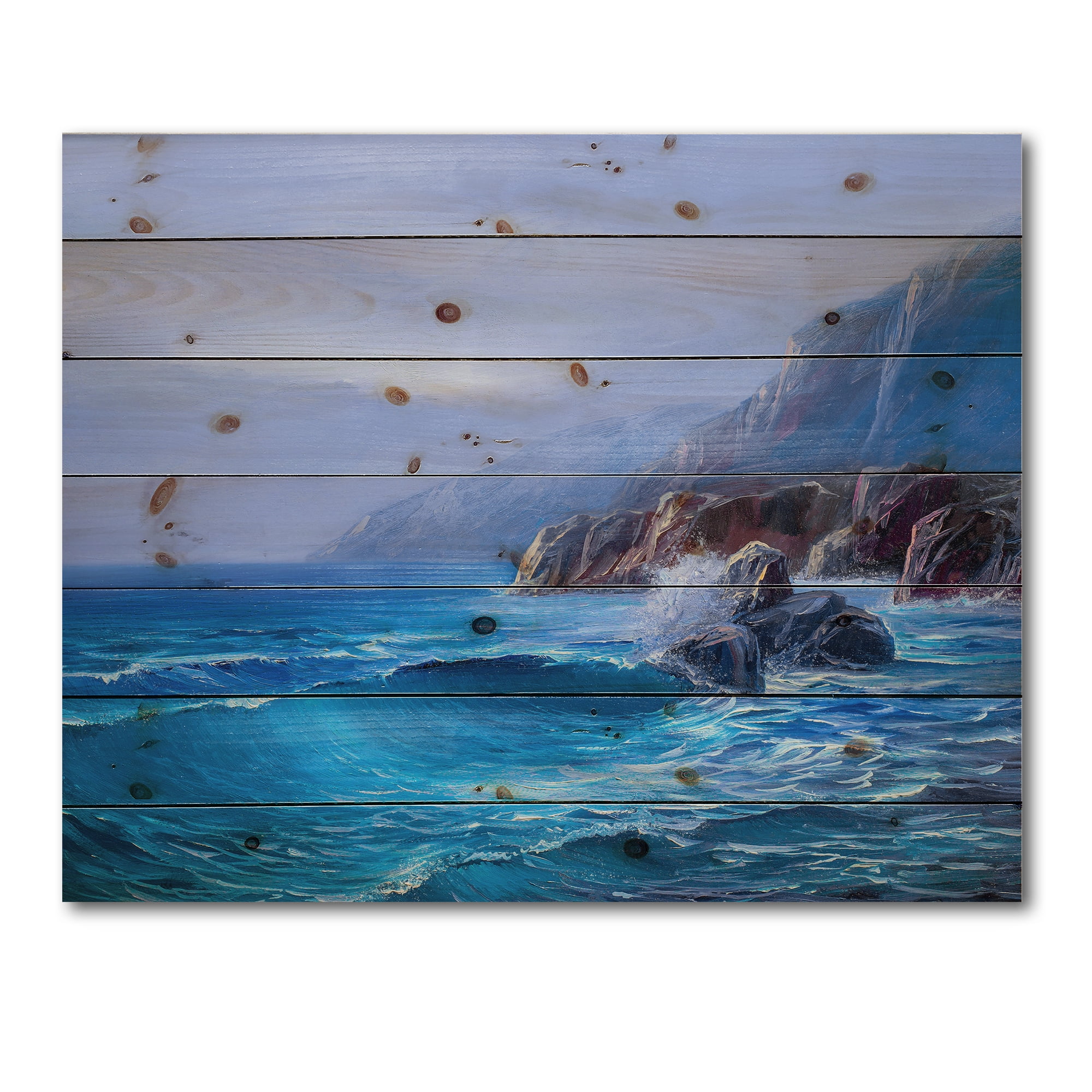 Designart 'Sunrise Glow On Sea Wave Paints On A Canvas' Nautical & Coastal Print on Natural Pine Wood