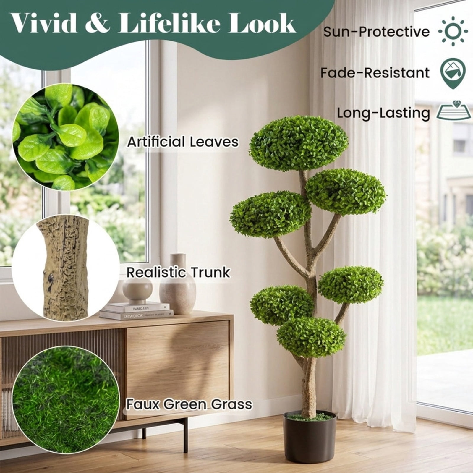 Vebreda Indoor Outdoor 6 Balls Topiary Tree with Realistic Trunk and Weighted Cement-Filled Base, Vivid & Lifelike Look, Long-Lasting Quality