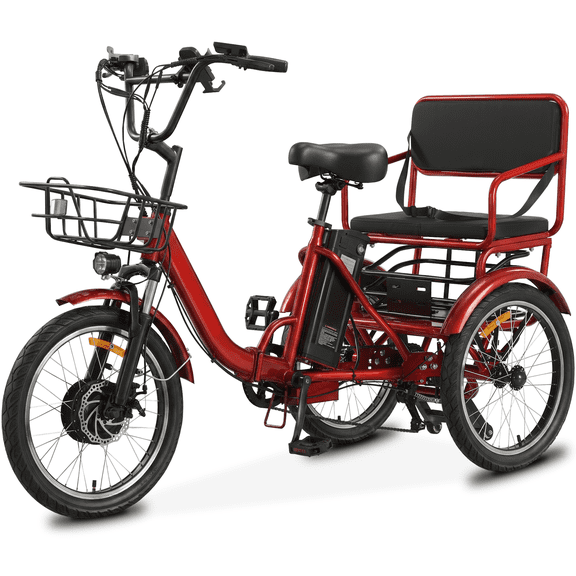 Broobey Electric Tricycle for Adults Folding Electric Trike 3 Wheel Electric Trike with Two-seater Large Basket Super Powerful Brushless 500W Motor 48V15AH Lithium Battery Max 20MPH E-Tricycle Red