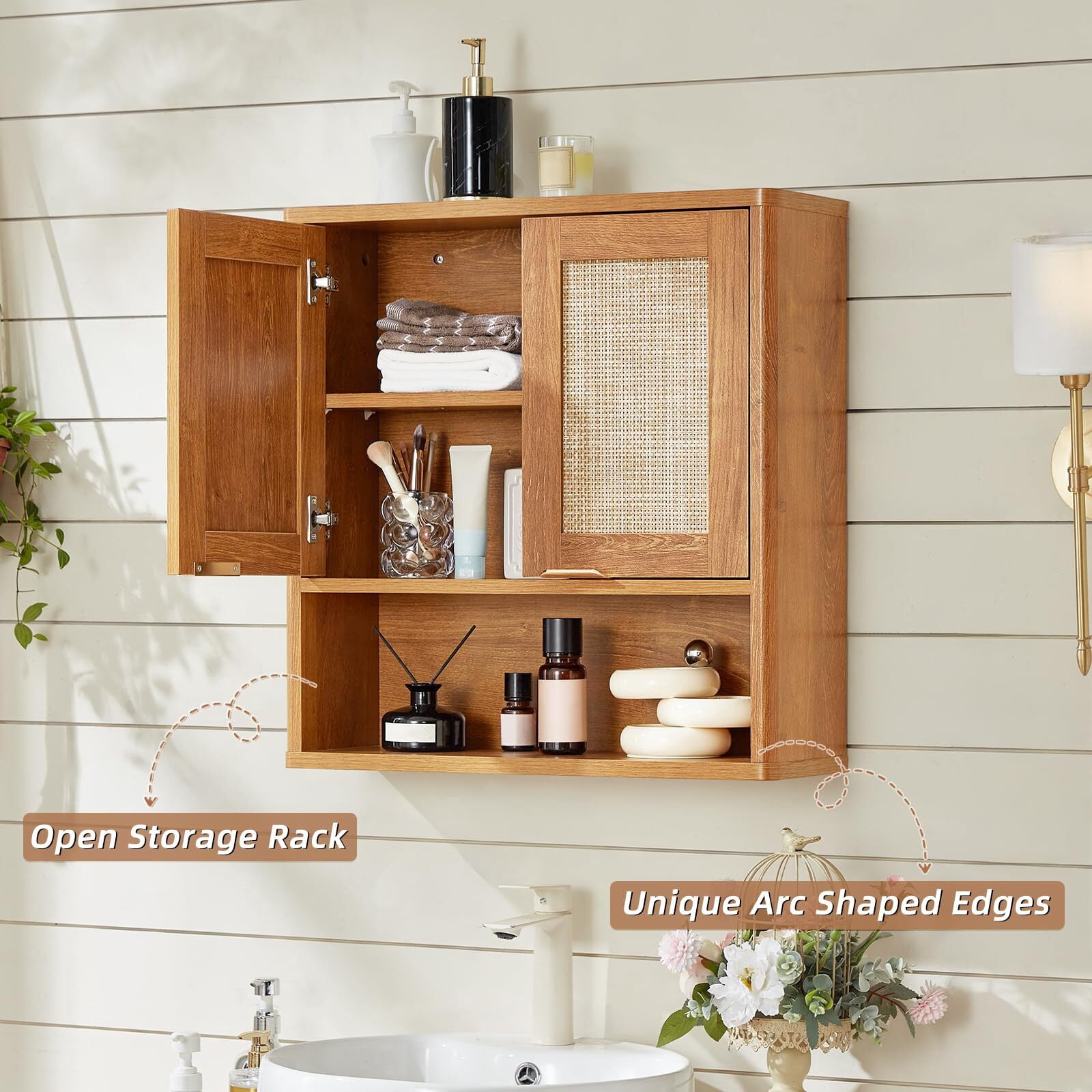 LELELINKY Rattan Wood Bathroom Wall Cabinet with Adjustable Shelf, Boho Medicine Cabinet for over Toilet Storage, Laundry Room, TeaC
