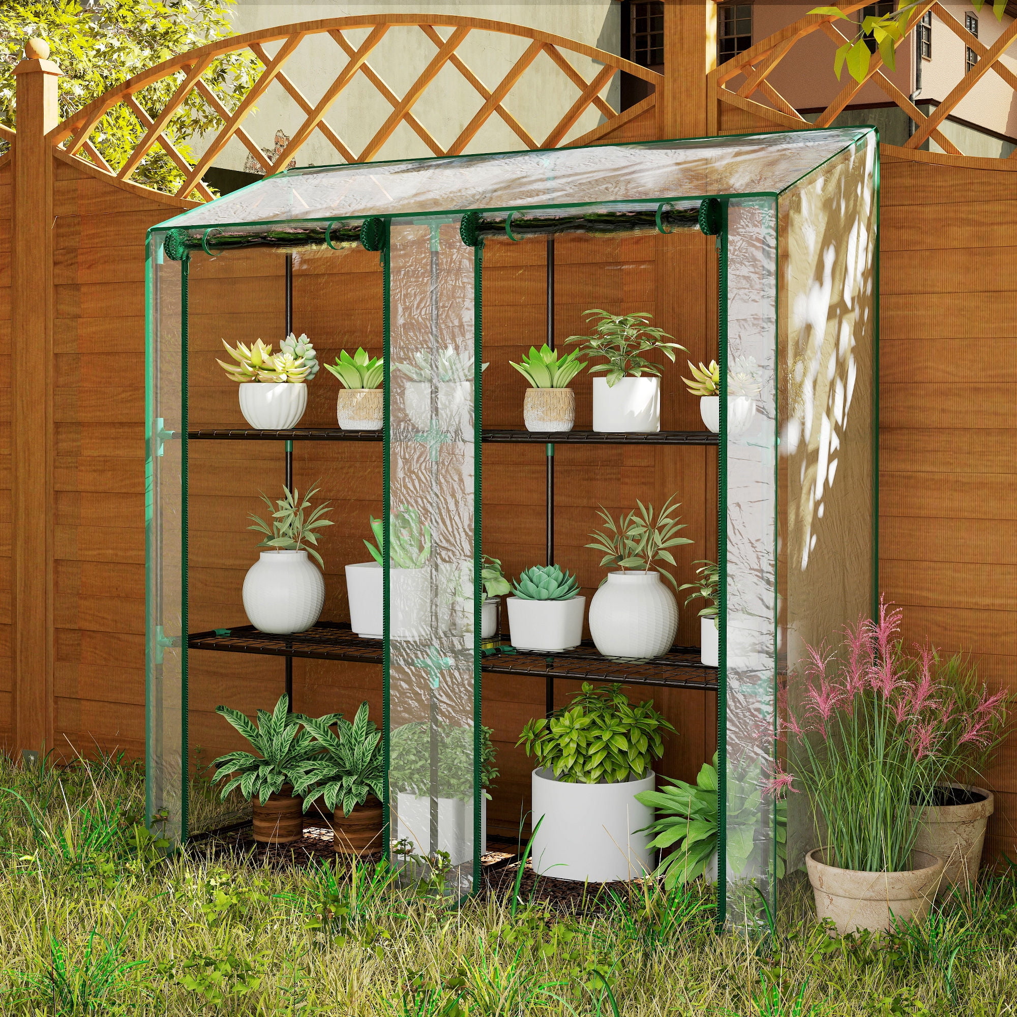 Outsunny 3 Tier Lean-to Greenhouse with 2 Roll-Up Zippered Doors, Transparent Plastic Cover, Portable Small Greenhouse, Clear