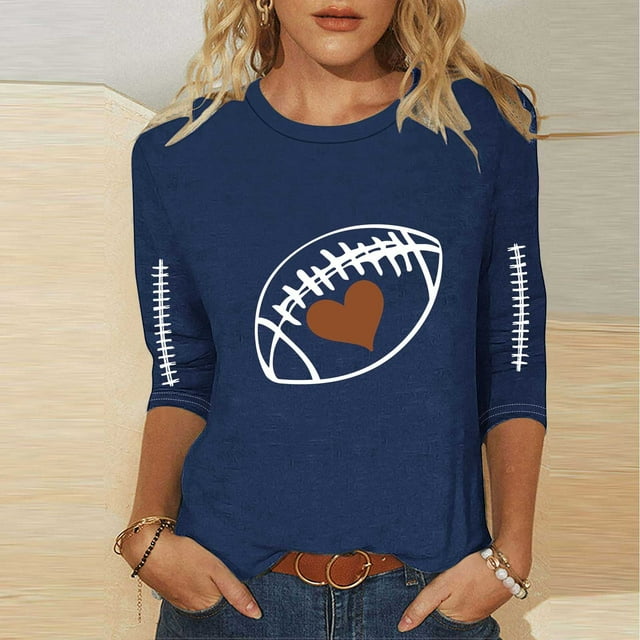 Heisall Womens Tops 3/4 Sleeve Round Neck Loose Casual Fashion T-Shirts Rugby Print