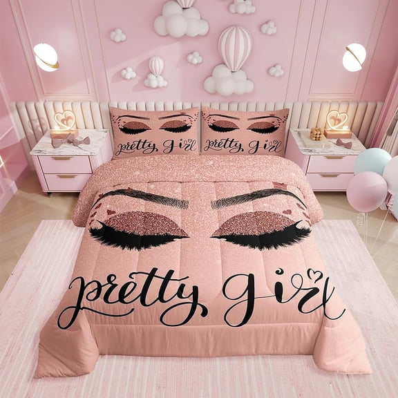 Eyelash Bedding Set Twin Size,Stylish Pink Sparkles Comforter Set for Teens Adult,Eyelash Aesthetic Duvet Insert,(No Glitter No Sequin) Modern Quilt Comforter with 1 Pillow Sham Warm