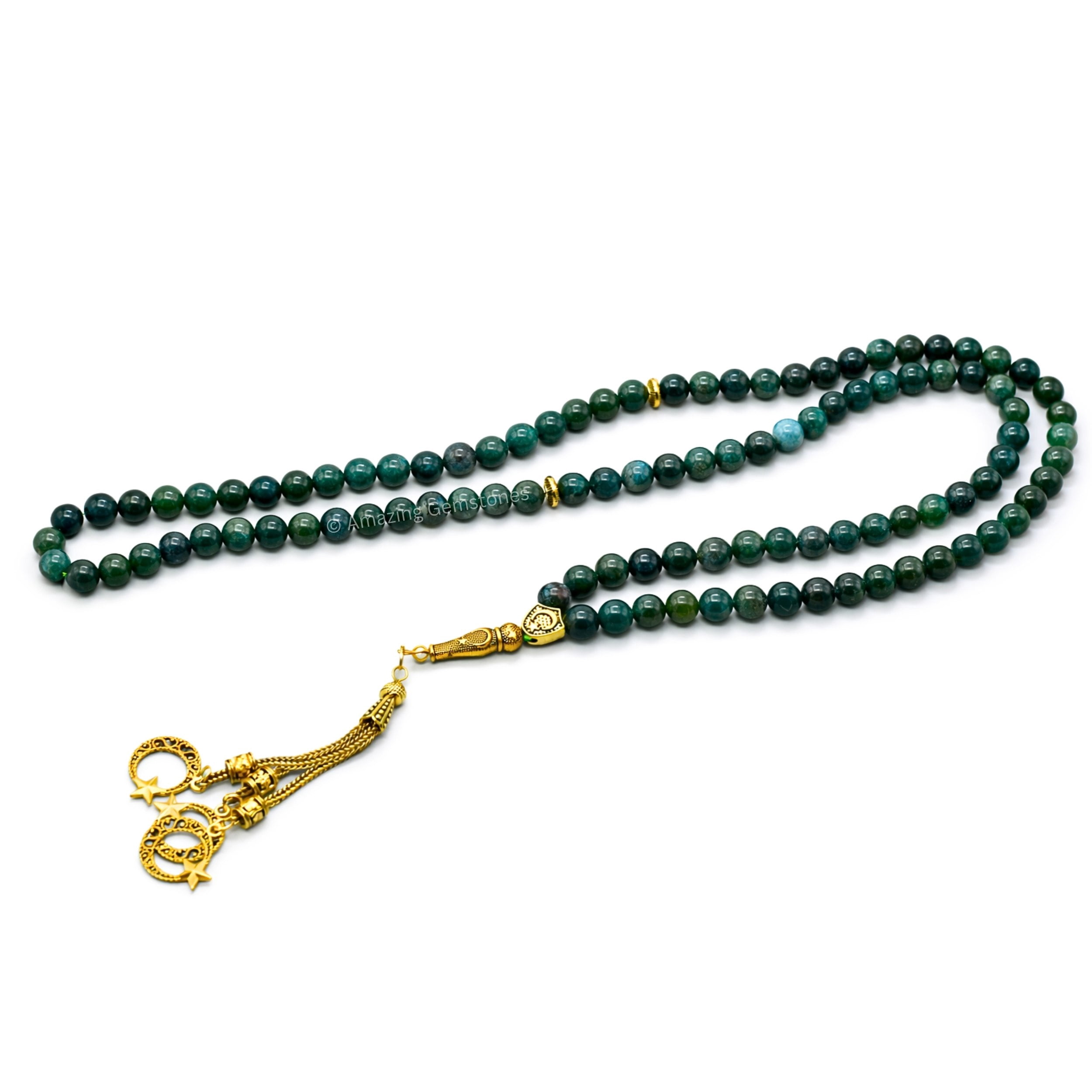 Moss Agate Crystal Tasbeeh Prayer Beads, Muslim Islamic Tasbih for Dhikr, Namaz and Ramadan Gift (Golden)