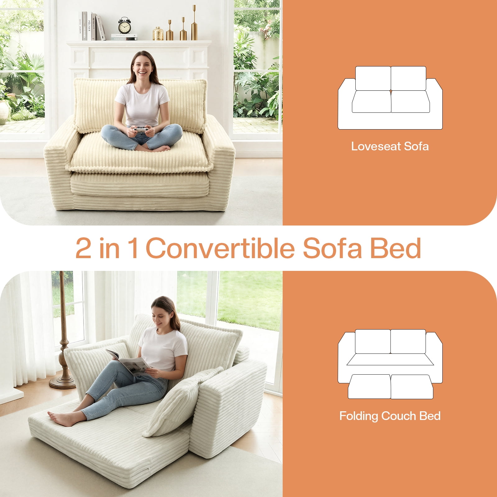 Kelyda Convertible Sofa Bed, 2 in 1 Modern Cloud Boneless Sofa Bed Loveseat Couch Sleeper Chairs for Living Room Beige